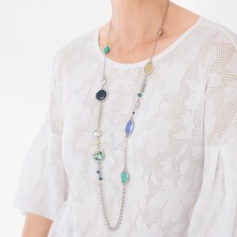 Chico’s Silver-Tone Multi-Colored Turquoise Blue and Green Stone Long Necklace